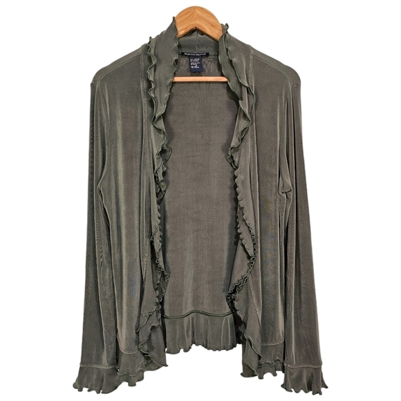 Boston Proper Open Front Ruffled Knit Cardigan Womens Green Size Medium Casual - Picture 1 of 10